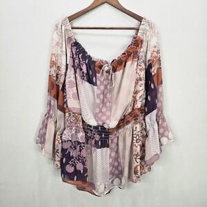 Cato‎ Tunic Top 22 24 Multicolor Boho Patchwork Print Flowy Peasant Bell Sleeve